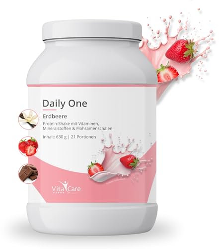 VitaCare Daily One Protein-Shake Erdbeere, 630gr Whey Protein Pulver mit Flohsamenschalen-Pulver, proteinreiches Fitness Nahrungsergänzungsmittel