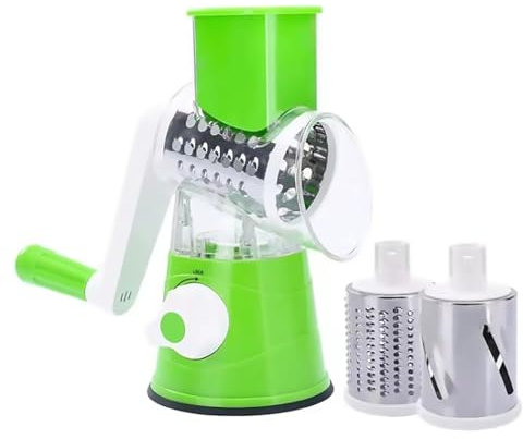 Käsereibe mit Kurbel, Gemüsehobel mit 3 austauschbaren Trommelklingen, Reibe Küche Schnelles Schneiden, Trommelreibe Geeignet für Gemüse, Obst, usw (grün)