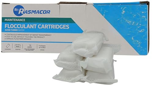 RASMACOR | Floculante en Cartuchos para Piscina 11390 | Sirve para Piscinas de flitro de Vidrio y de Arena | Clarificante para Aguas turbias | Agua cristalina (Caja 8 saquitos (8x125g))