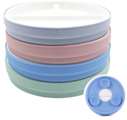 Elk and Friends 6,7 Zoll große, unterteilte Porzellanteller für Kinder mit Saugmanschetten. Geeignet für Babys, Kinder und Kleinkinder. Mikrowellen- und spülmaschinenfeste, rutschfeste Snackteller.