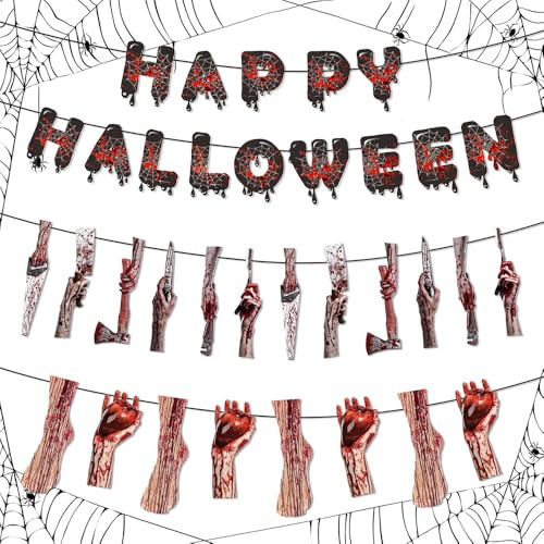 FFWTPY Halloween Deko Horror Banner Abgetrennte Hände Füße Set Halloween Blutige Werkzeuge Girlande Deko Hängende Halloween Banner für Fenster Tür & Wanddeko Deko Wohnzimmer