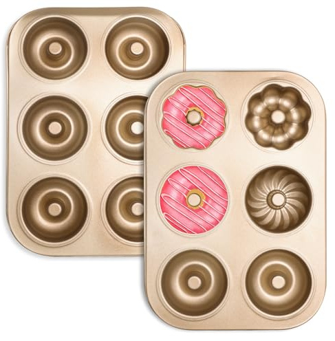 Solaradgy 2PCS Donut Pan Carbon Steel 6-Cavity Donut Pan for Baking Doughnut Nonstick & Easy Clean & Dishwasher Safe Donut Mold for Cake, Dessert & Bagel (Champagne Gold)