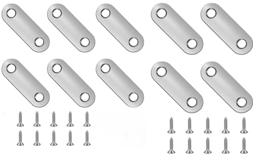 10 Pcs Flat Fixing Brackets, Flat Straight Brace Brackets | Flat Plate Bracket with 20 Screws, Stainless Steel Straight Bracket, Connecting Plates, Flat Support Corner Repair Connector