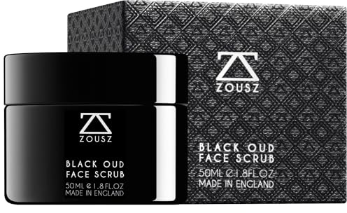 ZOUSZ Black Oud Charcoal ansiktsskrubb för män – exfolierande ansiktsmask i lera och djuprengörande ansiktsskrubb med aktivt kol, salicylsyra och hyaluronsyra – vitalisera hud – 50 ml