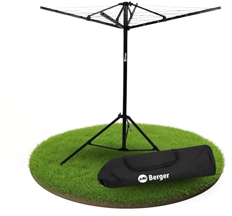 BERGER Super Pop Up Wäschespinne & Sat-Stativ | wetterfest & leicht | Wäscheschirm Wascheständer mit Standfuß inkl. Packsack & Erdnägeln | für Camping & Balkon (Schwarz)
