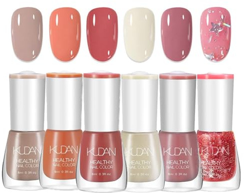 Nail Polish Set - 6Pcs Quick Dry & Long Lasting Nude Pink Red Glitter Nail Varnish Kit - 8ML No UV Needed Air Dry Water Based Natural Holographic Nail Polish Sets for Women Girls DIY Nail Art at Home