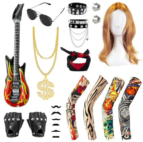 TirEurt Rocker Kostüm Herren - Kids Punk Gothic Rocker Kostüm, Halloween 80er Disco Musik Party, enthalten aufblasbare Gitarre, schwarze Sonnenbrille, Halskette, Rockstar Outfit, Jungen schwarz
