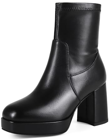 Abbleet Black Square Toe Boots for Women Stretch Booties Ankle Boots Platform Chunky Boot Ladies Full Zipper