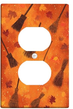 Autumn Broom Light Switch Cover Plates/Outlet Covers, Orange Fall Leaves Design for Home Decor, Thermoplastic Wall Plates, Standard Size Single Duplex Outlet