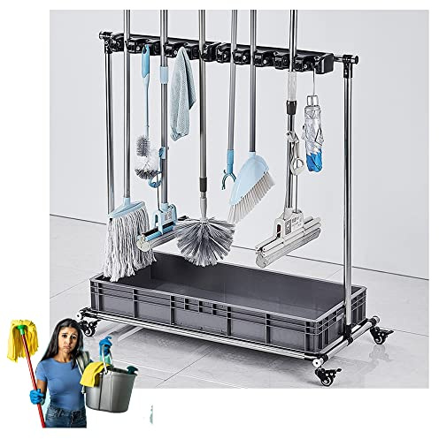 SnamicE Support pour balais et serpillères, égouttoir, Support Mobile pour balais et serpillères, Chariot à Outils de Nettoyage, Organiseur pour Produits de Nettoyage, rangemen,16slots