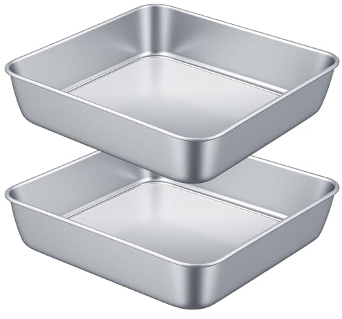 UNGFEI Set of 2 Baking Cake Tin Square 8 Inch - 5cm Height Non-Stick Stainless Steel Baking Pan for Birthday Christmas Wedding Cakes