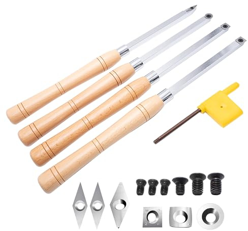 FHONK 17 inch Wood Lathe Turning Tools Set 4 pcs, Finisher Carbide Tipped Lathe Chisel Tool Bar, with Wooden Handles and Square Round Diamond Carbide Inserts (17 Turning Tools 4-Piece Set)