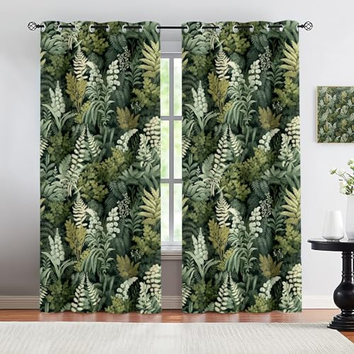 VELOMEA Boho Botanische Verdunkelungsvorhänge mit Waldmotiv – Grüne Blätter & Farn Muster im Natur Retro Stil – Dekorative Gardinen für Wohnzimmer und Schlafzimmer, 2er Set 140x160 cm