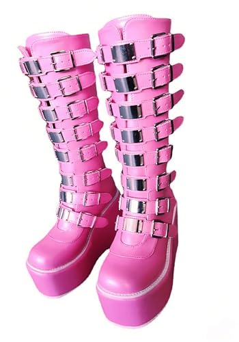 Gothniero Pink Platform Boots For Women Knee High Goth Rave Grunge emo Overknee Boot Chunky Round Toe with Buckles Size 5.5-11
