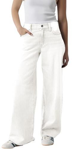 Ladies Elasticated Waist Jeans Baggy Jeans for Women UK Casual Stretch High Waisted Denim Trousers Fashion Straight Wide Leg Jean with Pockets Loose Fit Y2K Boyfriend Pants for Outdoor Office White