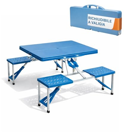 MOHOME Tavolo Pieghevole Salvaspazio Portatile Richiudibile a Valigetta 84x64x65 cm Tavolo da Campeggio Azzurro con 4 Sedie Struttura in Acciaio Resistente Tavolo da Giardino Pic Nic Terrazza Esterno
