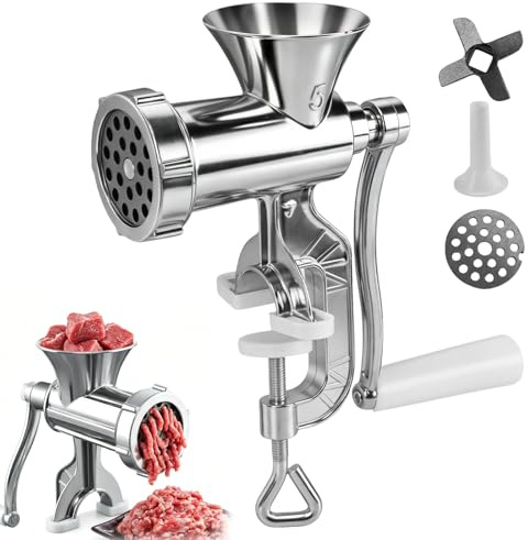 Manual Meat Grinder, Aluminum Alloy Meat Mincer, Sausage Maker with White Handle & Tabletop Clamp & Enema Tube, Mincer Machine for Meats, Noodles, Pepper, Vegetable, Nuts
