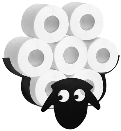 FERNVALE Sheep Toilet Paper Holder Wall Mounted Black Metal Toilet Roll Holder with Large Capacity Holds Up to 7 Rolls Rustproof Animal Shape Tissue Storage Rack for Bathroom Décor