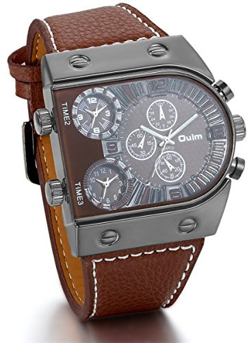JewelryWe Mens Oversize 3 Time Zone Military Sport Leather Quartz Watch,Coffee