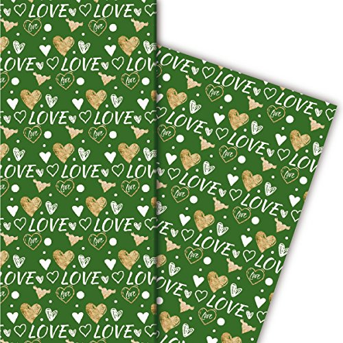 Kartenkaufrausch Romantisches Liebes Geschenkpapier Set mit Herzen auch zum Valentinstag, weiß auf grün 4 Bögen, 32 x 47,5 cm Dekorpapier, Musterpapier zum Einpacken, Designpapier zum Basteln