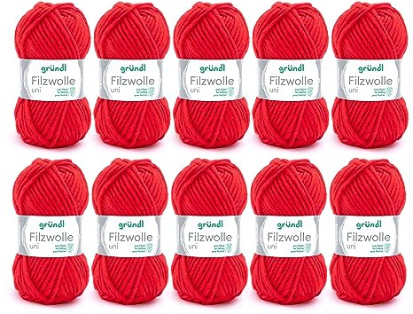 Gründl Wolle Filzwolle uni 100% Schurwolle - 10 Knäuel 50 g, Signalrot | Dicke Wolle zum Filzen in der Waschmaschine - Strickgarn zum Filzen - Weich und hautfreundlich - 50g/50 m - Nadelstärke 8-9
