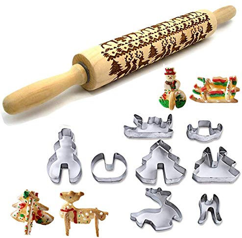 Mattarello in rilievo di Natale, mattarello in legno inciso, con motivo di cervo natalizio per biscotti in rilievo con fiocco di neve, mattarello da cucina