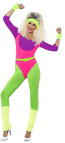 shoperama 80er Jahre Neon Gymnastik-Jumpsuit Damen Aerobic-Anzug Kostüm Trash Bad Taste Sport Work Out, Größe:M