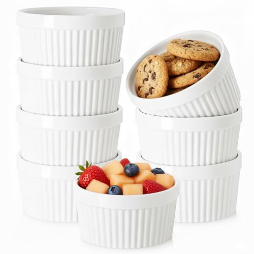 12 OZ Ramekin Bowls,WERTIOO 8 PCS Ramekins for for Baking and Cooking, Oven Safe Sleek Porcelain Ramikins for Pudding, Creme Brulee, Custard Cups