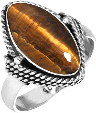 Jeweloporium Bague en argent sterling 925 avec œil de tigre marron, taille 60,5, pour femme, bijou fait main avec véritable pierre précieuse marquise.