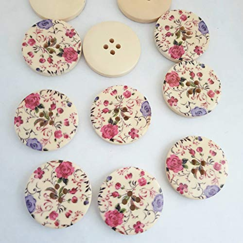 MajorCrafts® 16pcs 30mm Rose Pink & Lavender Floral Pattern 4 Holes Round Wood Large Sewing Buttons Needlework Embellishments