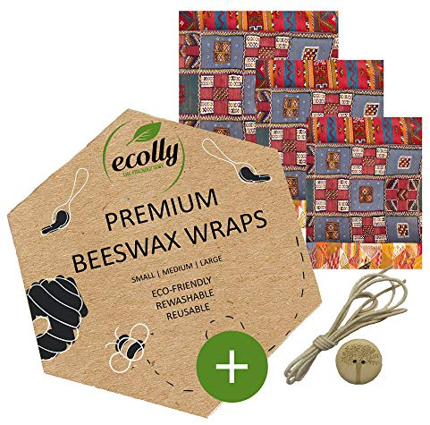 ecolly Bienenwachstücher 3er-Set (S, M, L), Bienenwachspapier, Beeswax Wrap, Plastikfrei & wiederverwendbar, OHNE Jojobaöl, inklusive Knopf & Baumwollfaden - Patchwork