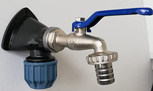 VOXTRADE PP Wandscheibe mit 3/4 Kugelauslaufhahn - 25mm PE, Wandwinkel 90°, Blau