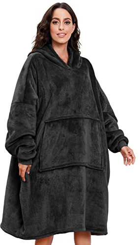Voqeen Fluffy TV Manta con Mangas en Suave Vellón en Cachemira Efecto Saco Pies Cubre y Bolsillos para Smartphone/Control Remoto Cuadros en Cálida Microfibra Sherpa Sudadera con Capucha - Negro