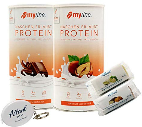 Myline Eiweiß Shake Protein Pulver 2er Pack 2x 400g + AV Maßband + 2 Proteinriegel (Schokolade/Haselnuss)