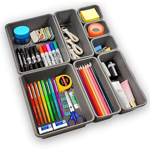 Organizer Cassetti Bagno Cucina, 8 Pezzi Divisori Organizzatore Cassetti in Plastica di 3 Dimensioni, Portaposate Separatori Organizer Scrivania Contenitori per Trucchi Bagno Cucina Ufficio