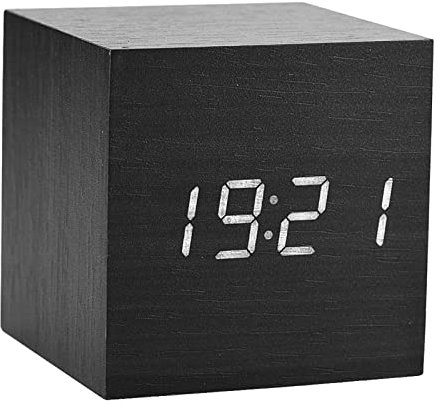 Holzwecker, kleine moderne LED-Würfel-Digitaluhr mit Uhrzeit, Temperatur in C/ F, Thermometer, Wecker, Sprachsteuerung, für Schlafzimmer, Wohnzimmer, Büro (Schwarz)