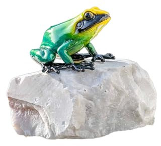 IDYL Bronze-Skulptur Grüner Frosch auf Stein | 7x8x7 cm | Tierfigur aus emaillierter Bronze handgefertigt | Gartenskulptur |Dekoration für Haus und Garten | Hochwertiges Kunsthandwerk | Wetterfest