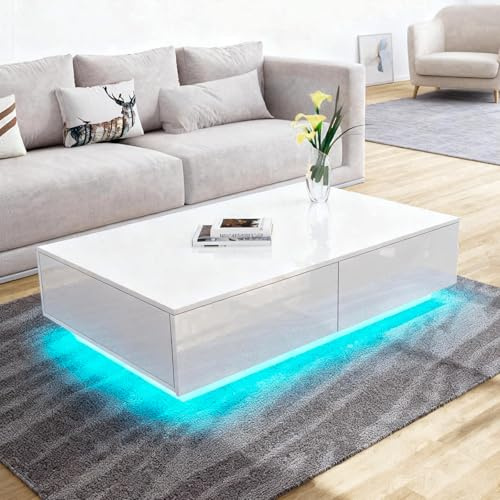 Senvoziii LED Coffee Table for Living Room, Modern Side Table Wooden Centre Table, White High Gloss Coffee Tea Tables with 4 Drawers Storage for Home Office Furniture1 | White High Gloss Coffee Tea Tables with 4 Drawers Storage for Home Office Furniture