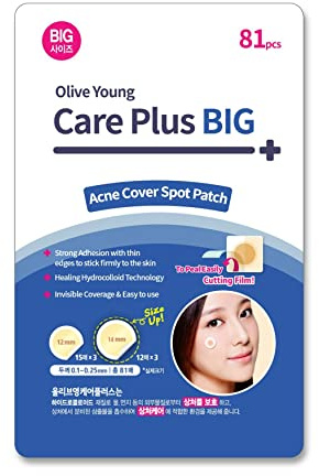 ROUND A'ROUND OLIVENJUNGE Care Plus Akneflecken-Pflaster in großer Größe, 81 Stück (12 mm, 45 Stück + 14 mm, 36 Stück) – zusätzliche Abdeckung, Zit absorbierendes Abdeckpflaster