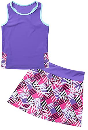 iiniim Mädchen Sport Set Tenniskleid Golf Kleid Sport Trikot Ballett Tanzkleid Sport BH Crop Tops + Rock Skater Tennisrock Fitness Yoga Outfits Lila 140