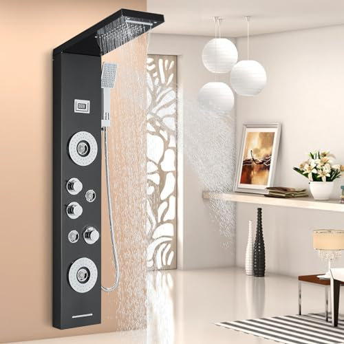 Pannello doccia Bagno Colonna Doccia Idromassaggio 5 Funzioni Sistema Doccia a Parete in Acciaio Inox Spazzolato con Schermo LCD Nero