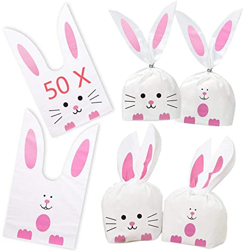 50 Piezas Bolsas Cumpleaños Infantil, Linda Bolsas de Orejas de Conejo de Pascua, Bolsas Regalo Chuches Galletas para Pascua, Navidad, Boda, Fiesta de Cumpleaños