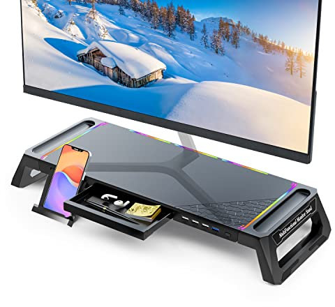 MOOJAY Monitor Ständer für den Schreibtisch RGB Gaming Licht mit USB 3.0 & 2.0 Hub, Monitor Riser Faltbare Computer Bildschirmerhöhung mit Schublade und Stiftablage, für PC/Laptop/iMac - Schwarz