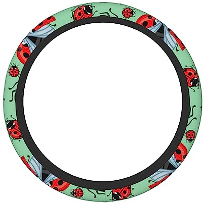 Rote Marienkäfer auf blauem Hintergrund, Lenkradbezug, rutschfest, elastisch, Autozubehör, universal, 38 cm, für Damen und Herren