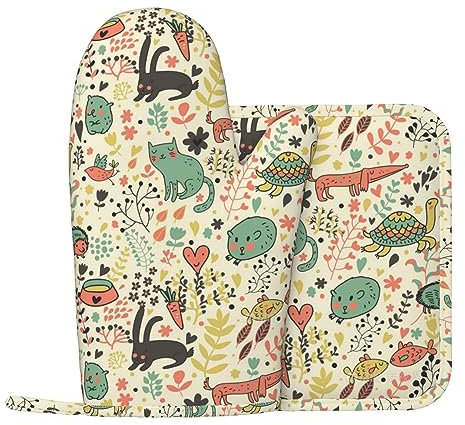 Ofenhandschuhe und Topflappen-Sets, lustige Katzen, Vögel und Blumen, bedruckt, hitzebeständig, Ofenhandschuhe, rutschfest, waschbar, Kochhandschuhe für Küche, Kochen, Backen, Grillen