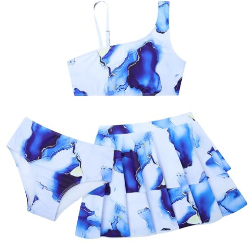 Raisevern Mädchen-Badeanzug, 3-teilig, niedlich, schnell trocknend, Bikini, Tankini-Set mit Überzug, Strandrock, für 5–12 Jahre, 002-Marmor, 11-12 Jahre
