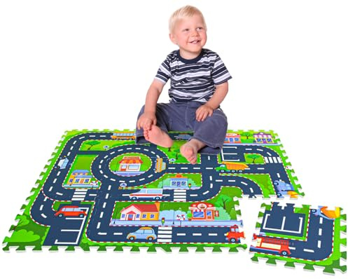 LittleTom Lot de 12 Tapis Puzzle Route Enfant - 30x30 Cm - Dalles en Mousse pour Jeu de Voitures - Utilisation Intérieur et Extérieur - Aire Créative Éducative Activité Motrice - Protection Sol