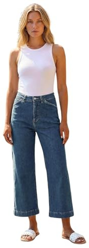Roman Originials Denim Culottes for Women UK Ladies Cotton Cropped Trouser Wide Leg Jean Stretch Pants Capri 3/4 Length Three Quarter Summer Loose Casual Spring