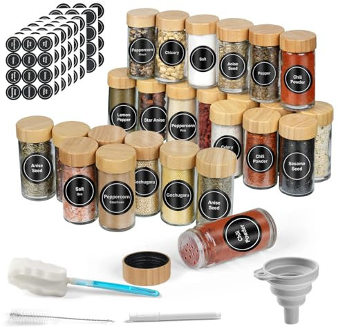 FRIBERG 24 Spice Jars,100ml Kitchen Glass Spice Jars with Bamboo Lids,Seasoning Jars Bottles with 96 Labels,Pen, Hose Brush, Silicone Funnels