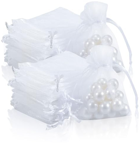 Qinsky Organzasäckchen,100pcs Organzabeutel Organzasackerl Geschenkbeutel für Hochzeiten Party Feier Weiß 9x7CM